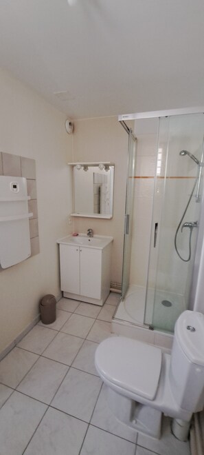 Et badeværelse med toilet, håndvask, spejl og bruseniche.