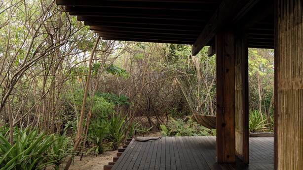 A wooden deck leading to a covered area with a view of a dense forest. - Casitas by the Sea (Villa de Tututepec de Melchor Ocampo)