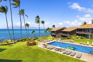 Un complexe hôtelier doté d’une piscine, de palmiers et offrant une vue sur l’océan.