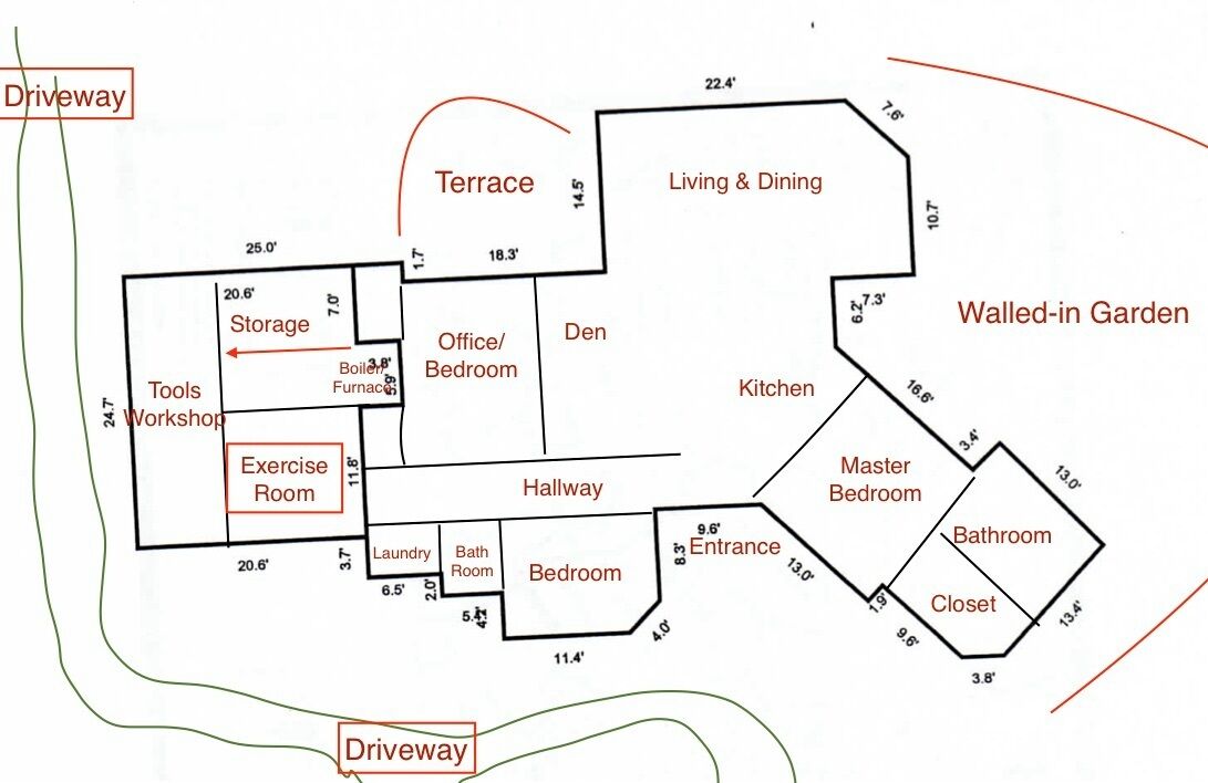 Plano de planta que muestra una terraza, sala de estar y comedor, cocina, dormitorio principal, baño, armario y varias habitaciones adicionales.