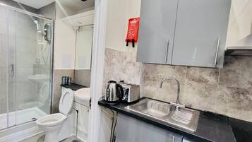 Shower, hair dryer, towels