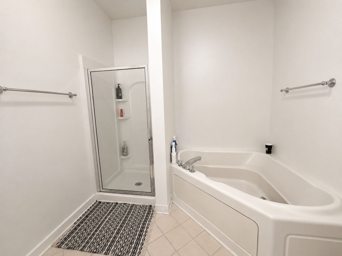 Een badkamer met een inloopdouche, een badkuip en een toilet.