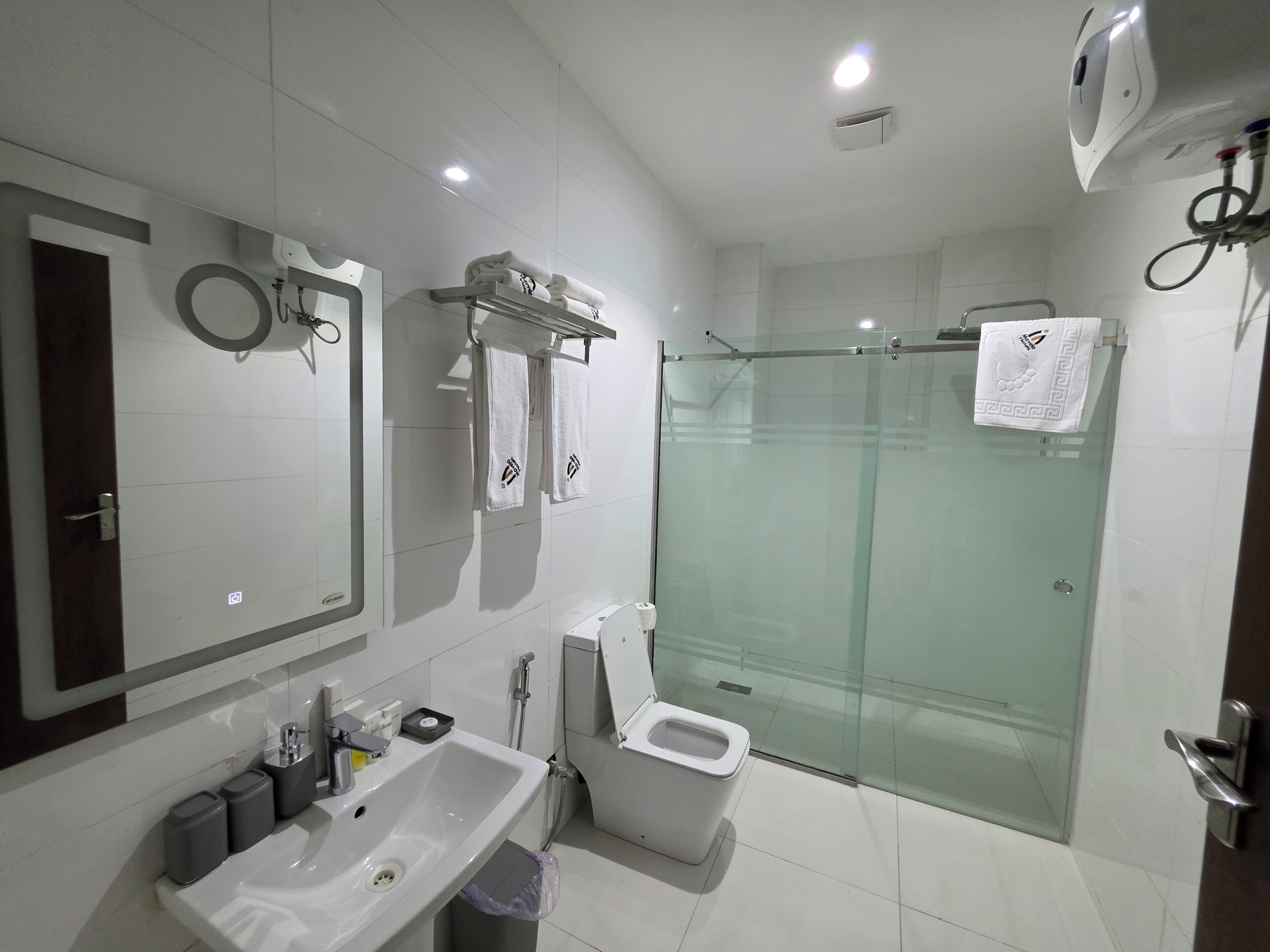 Un baño moderno con ducha de vidrio, lavamanos blanco y un inodoro.