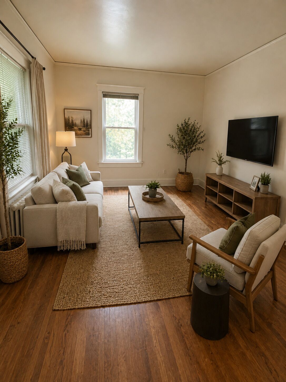 A living room with a sofa, coffee table, TV, and plants.