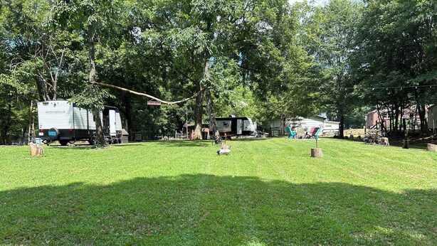 Ett grönområde med träd och en vit husbil.