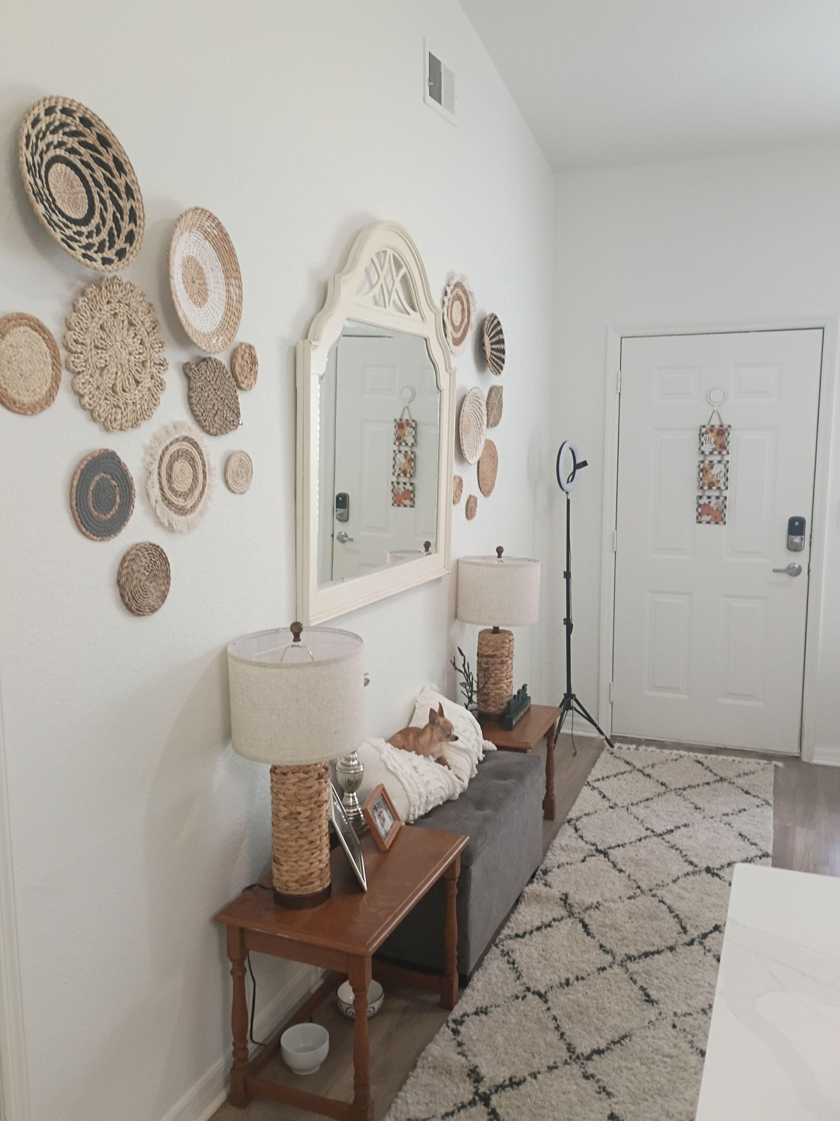A room with a mirror, wall decor, a bench, a dog, a door, and a lamp.
