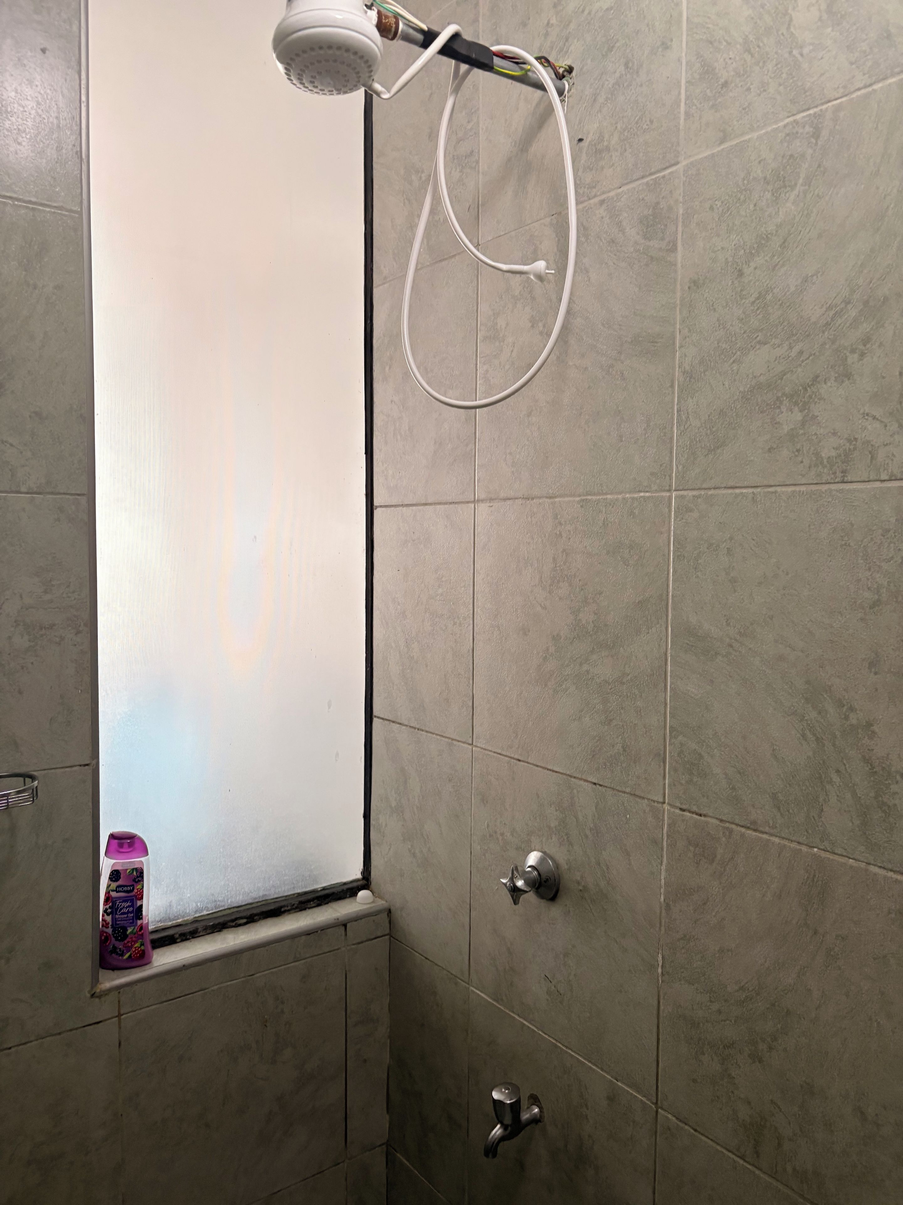 A bathroom with a shower, a window, and a bottle of shampoo.