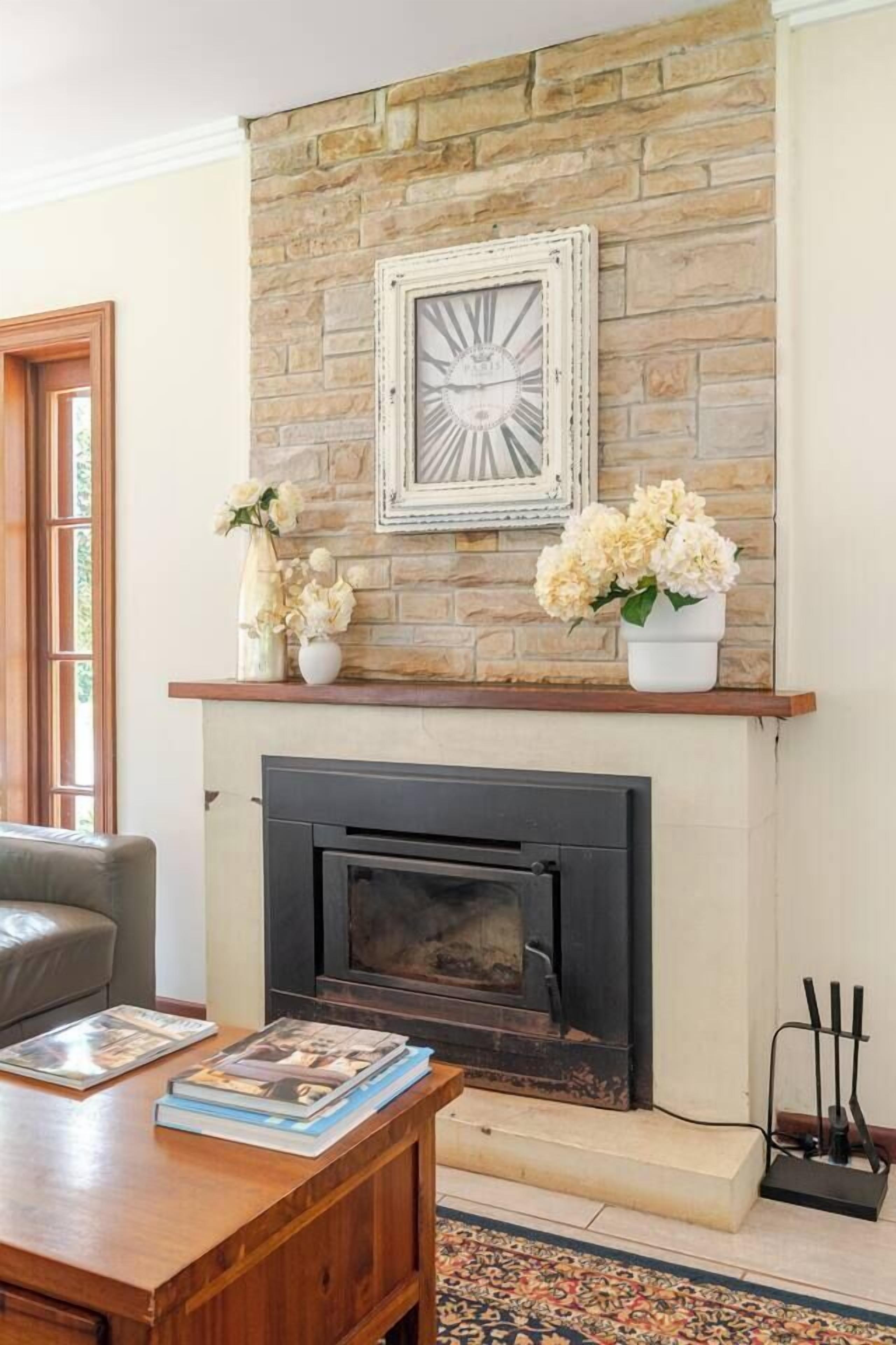 TV, fireplace, books