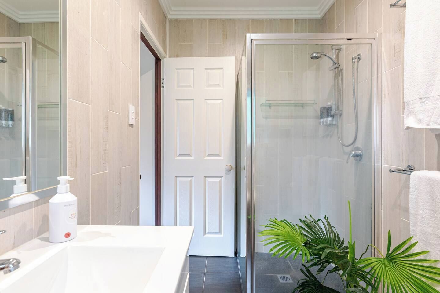 Hair dryer, towels, soap, shampoo