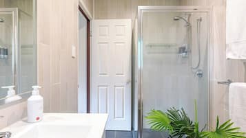 Hair dryer, towels, soap, shampoo