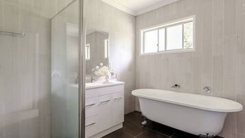 Hair dryer, towels, soap, shampoo