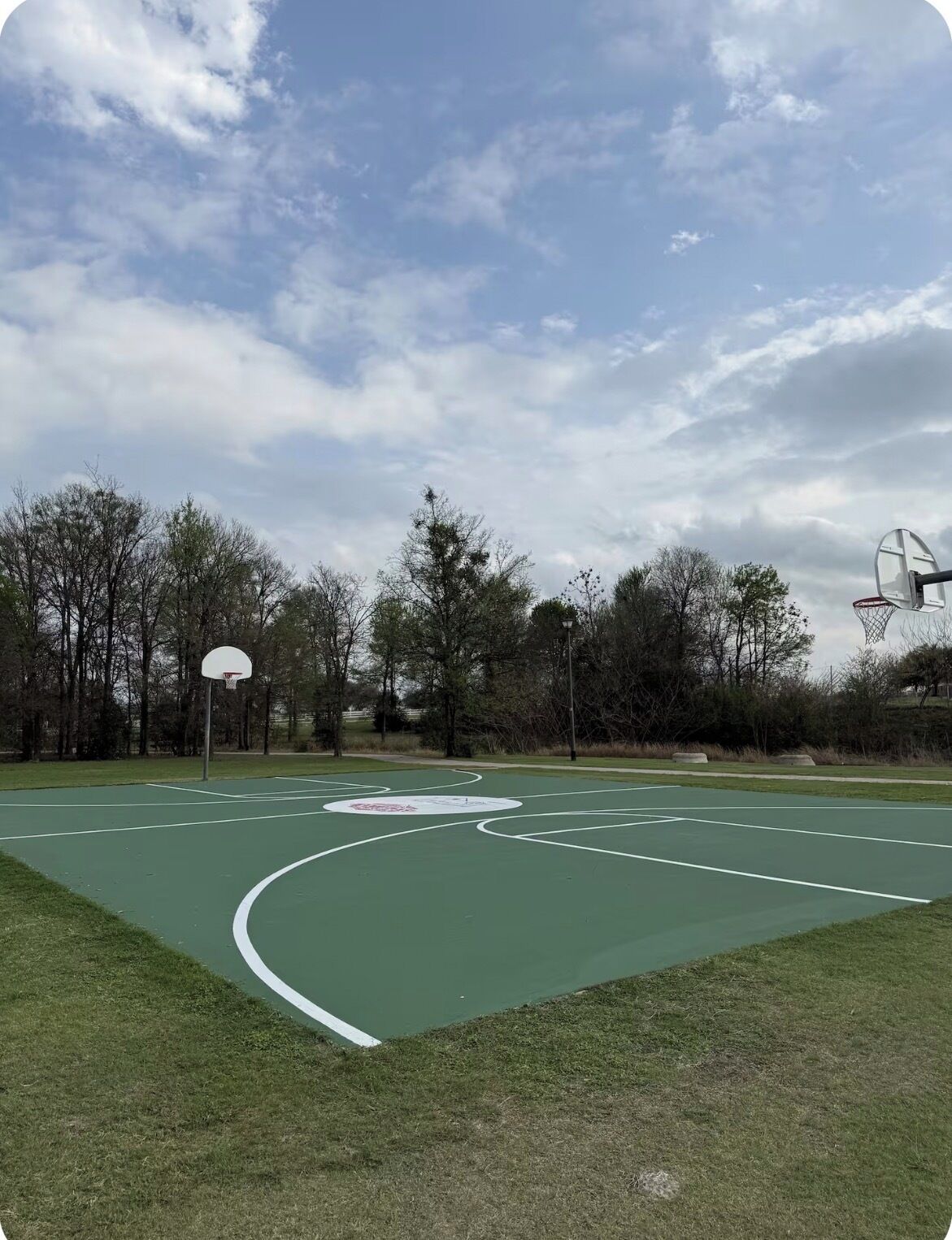 Una cancha de baloncesto al aire libre con un aro, rodeada de árboles y un cielo nublado.