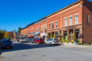 Une rue bordée d’immeubles en briques, de voitures garées et de boutiques, dont une épicerie proposant des produits naturels et un centre de bien-être holistique.