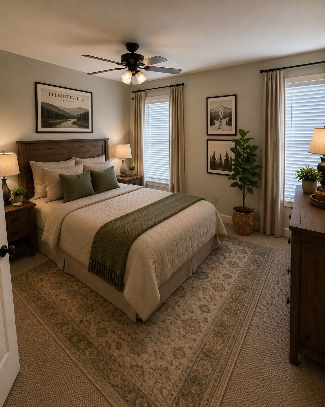 A bedroom with a bed, nightstands, a ceiling fan, and a large window with curtains.
