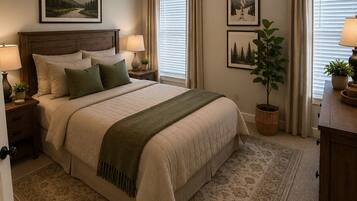 A bedroom with a bed, nightstands, a ceiling fan, and a large window with curtains.
