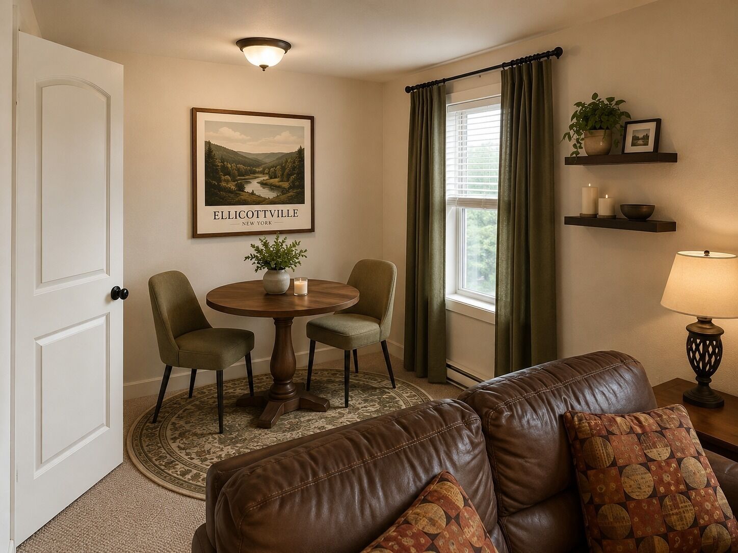 A living room with a brown leather couch, a round wooden table with two chairs, a framed picture on the wall, a window with curtains, and a shelf with decorative items.