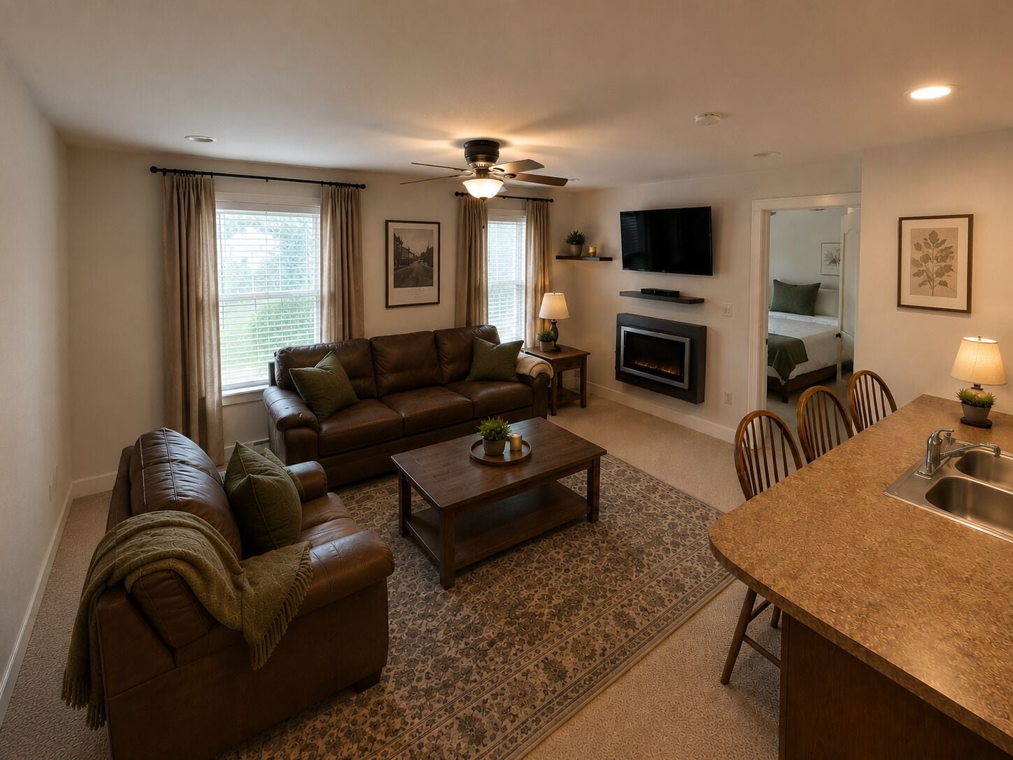 A living room with a sofa, coffee table, and a fireplace. There is a television mounted on the wall and a dining area with chairs.