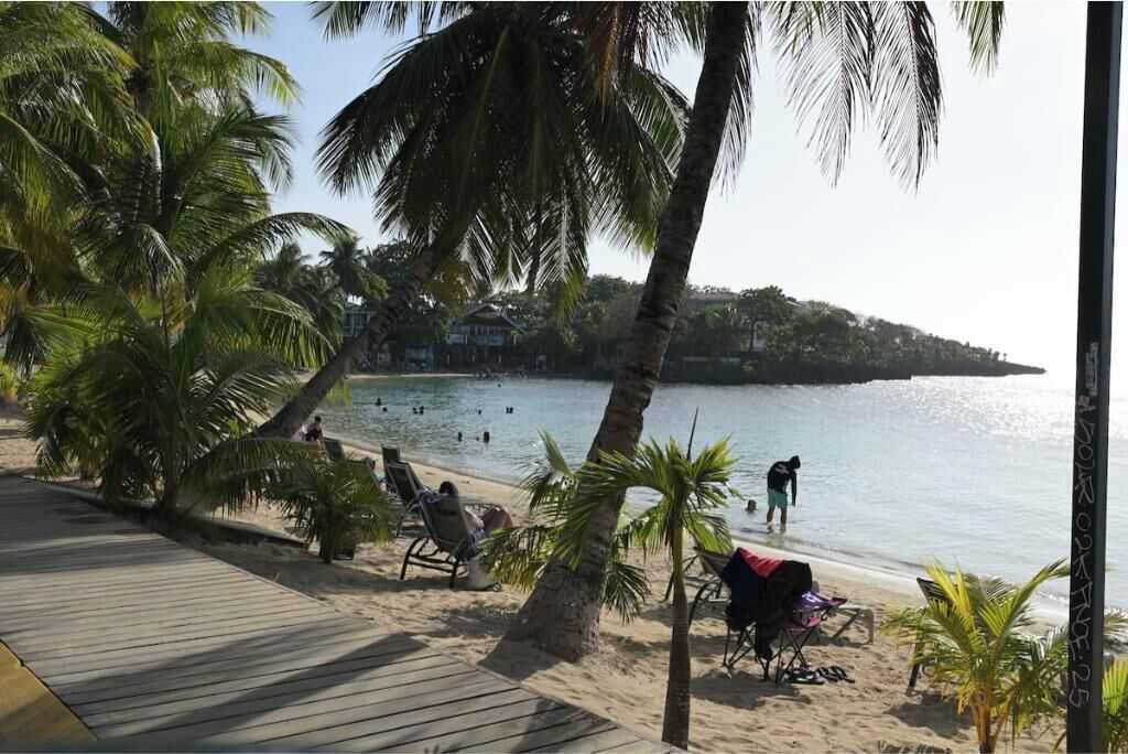 A beach with palm trees, a wooden walkway, and people swimming and relaxing.