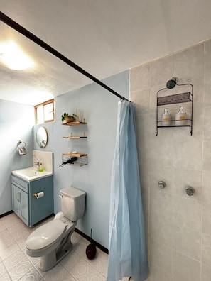 Hair dryer, towels, soap, toilet paper