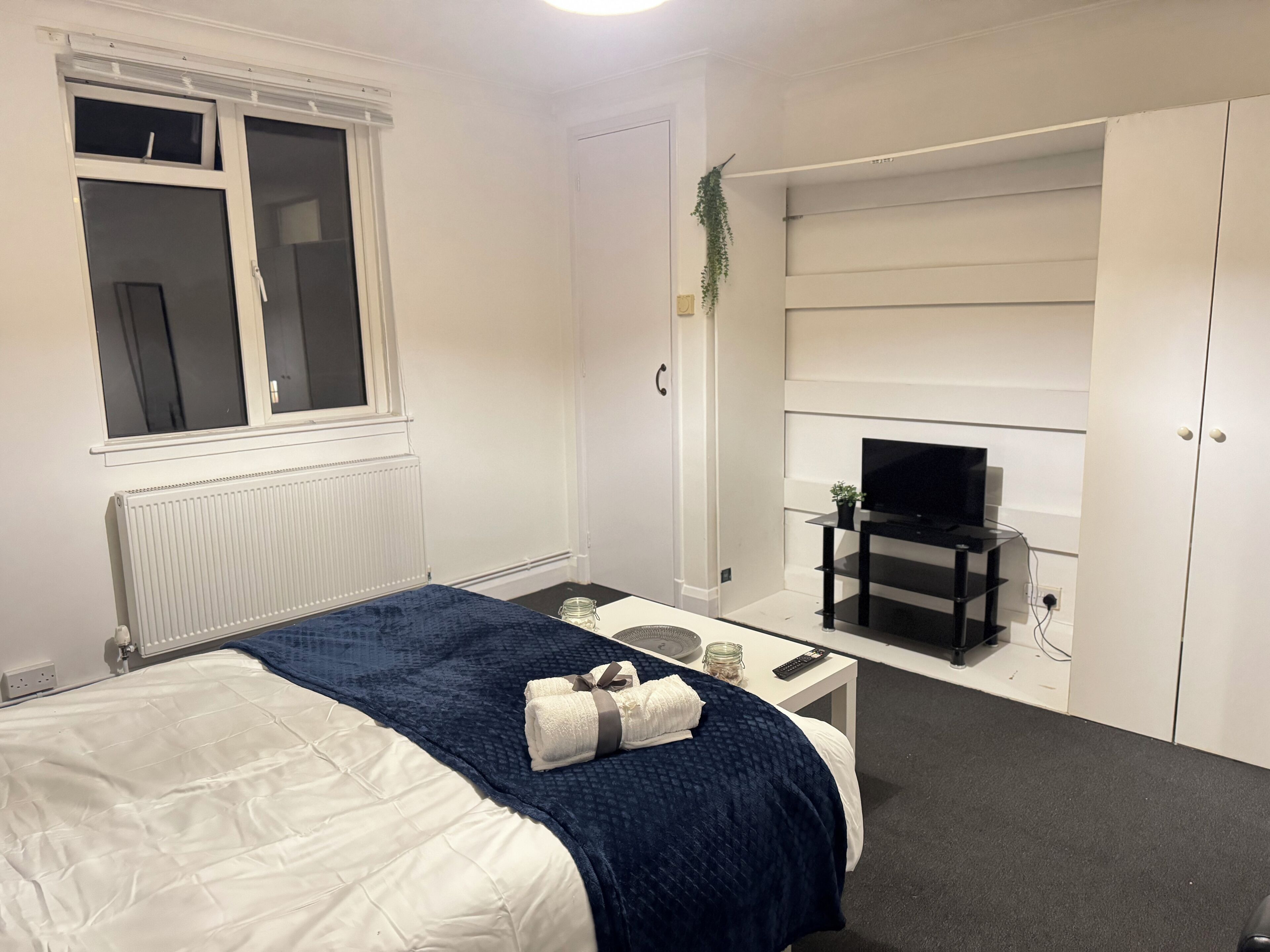 Ein Schlafzimmer mit einem Bett, einem Fernseher auf einem Schrank, einer Heizung, einer Tür und einer Pflanze.