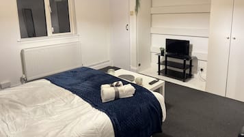 Ein Schlafzimmer mit einem Bett, einem Fernseher auf einem Schrank, einer Heizung, einer Tür und einer Pflanze.