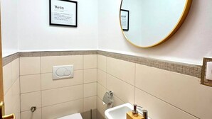 A bathroom with a toilet, sink, and mirror. - Spacious 1 bedroom with 4 beds  (Luxembourg)