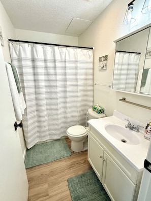 Hair dryer, towels, toilet paper