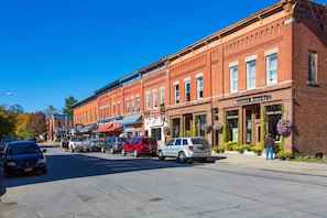 A street with brick buildings, parked cars, and storefronts including a natural market and a holistic center. - Washington Lofts - 1-bed apartment, full kitchen, downtown - Loft 10 (Ellicottville)