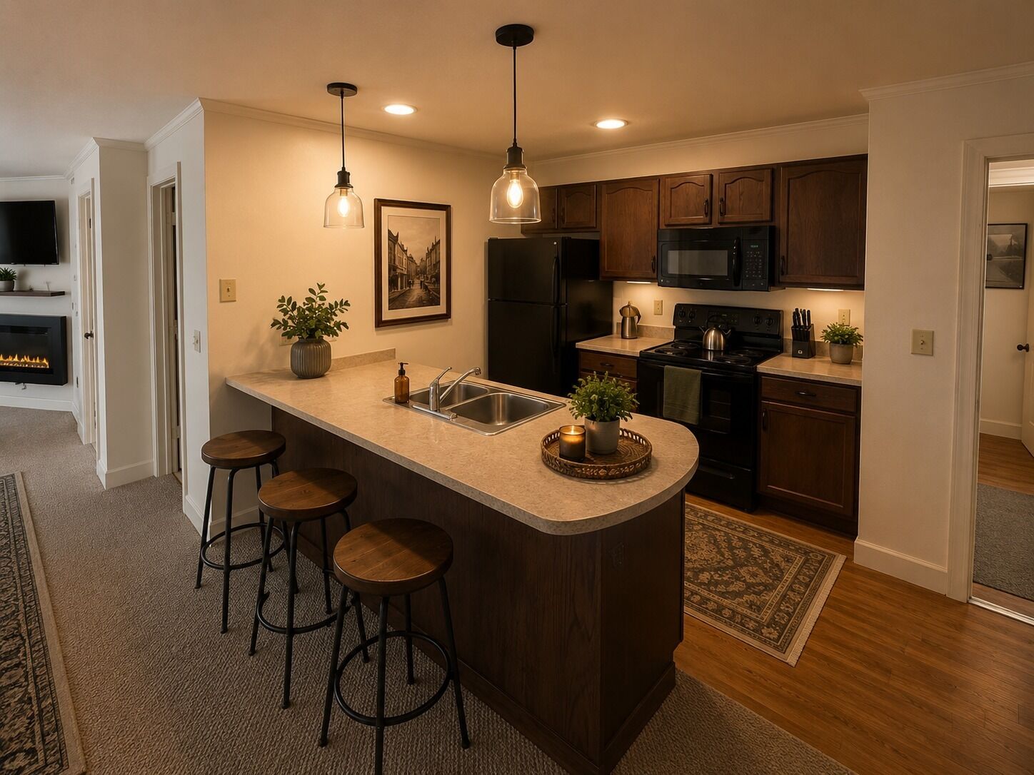 A modern kitchen with a central island, bar stools, pendant lighting, and wooden cabinets.