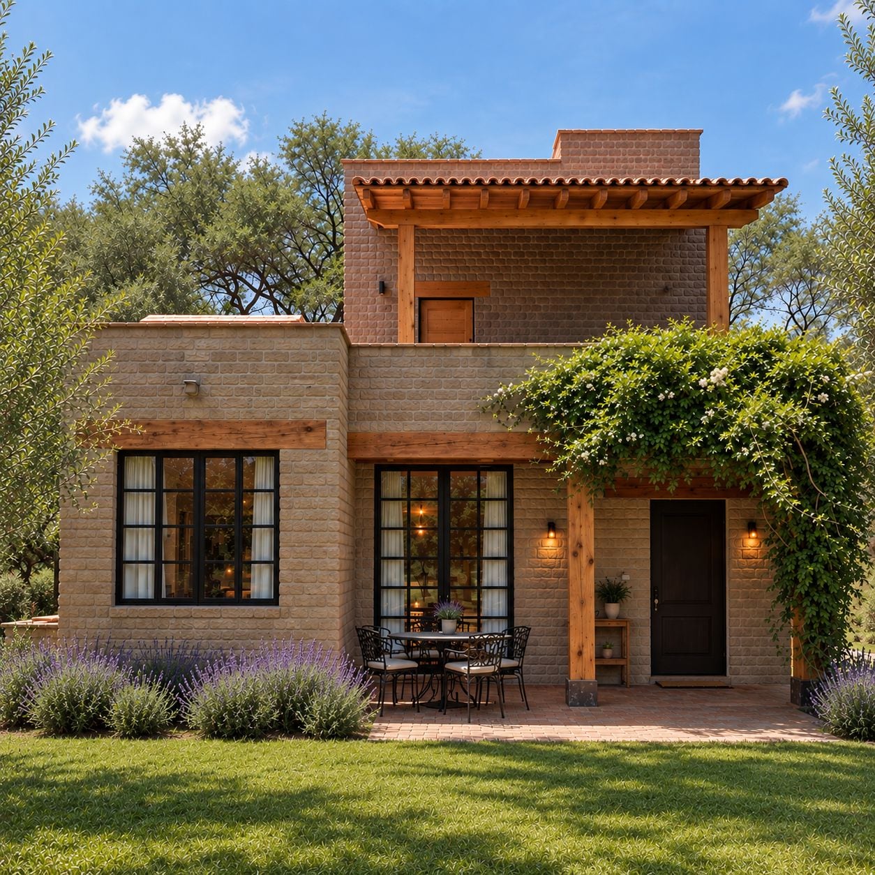 Una casa de dos plantas con fachada de ladrillo, una pérgola de madera y un patio con mesa y sillas.
