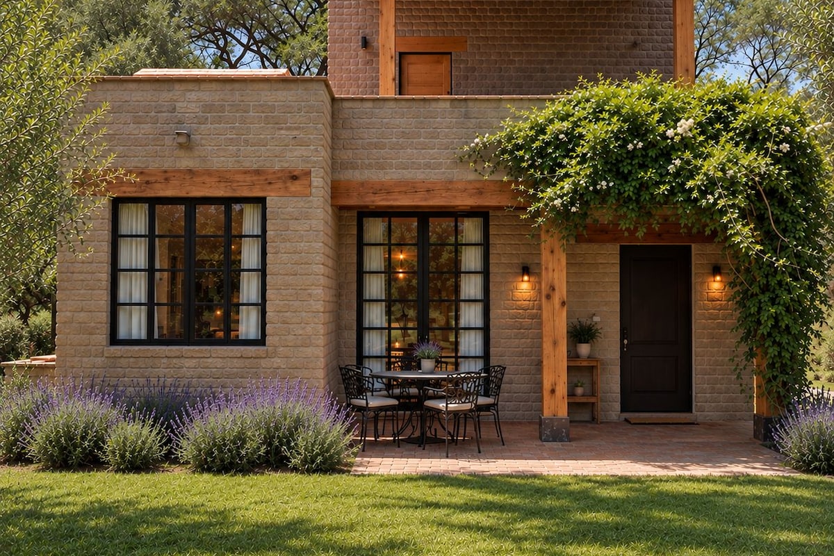 A two-story house with a brick exterior, a patio with a table and chairs, and a garden with lavender plants.