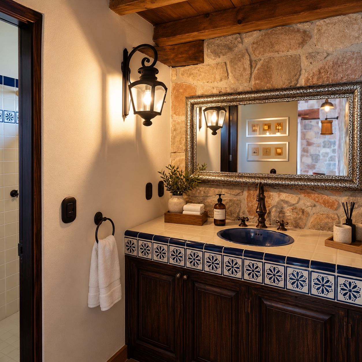 A bathroom with a stone wall, a wooden ceiling, a blue sink, a mirror with a decorative frame, and a towel rack.