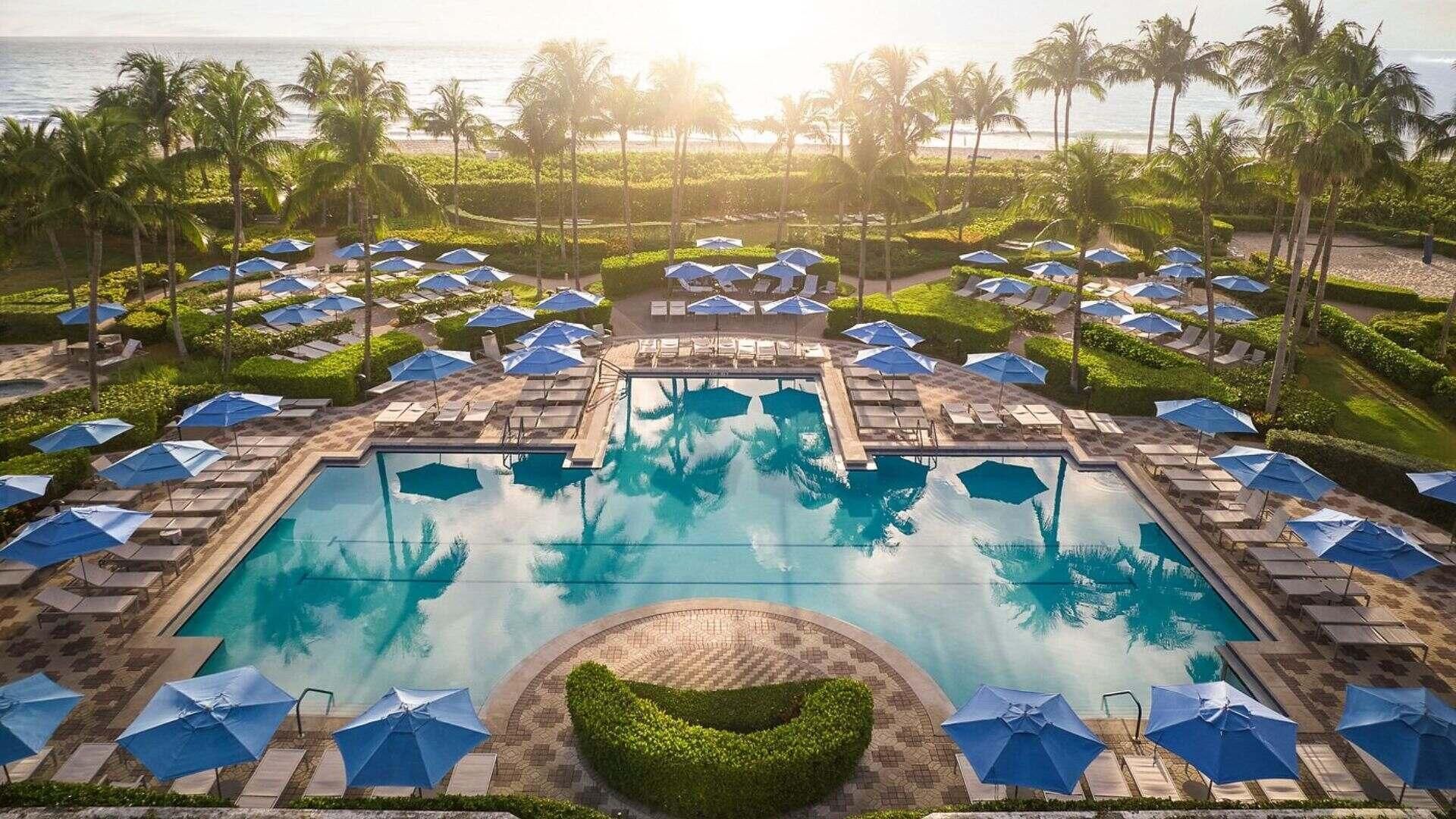 A resort pool with multiple sun loungers and umbrellas, surrounded by palm trees and a view of the ocean.