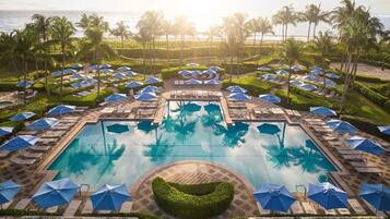A resort pool with multiple sun loungers and umbrellas, surrounded by palm trees and a view of the ocean.