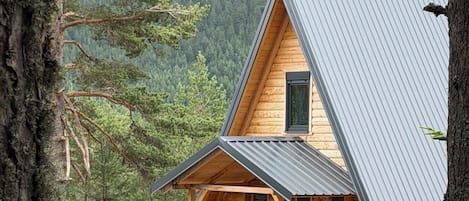 Una baita di legno con tetto spiovente, circondata da alberi e con montagne sullo sfondo.