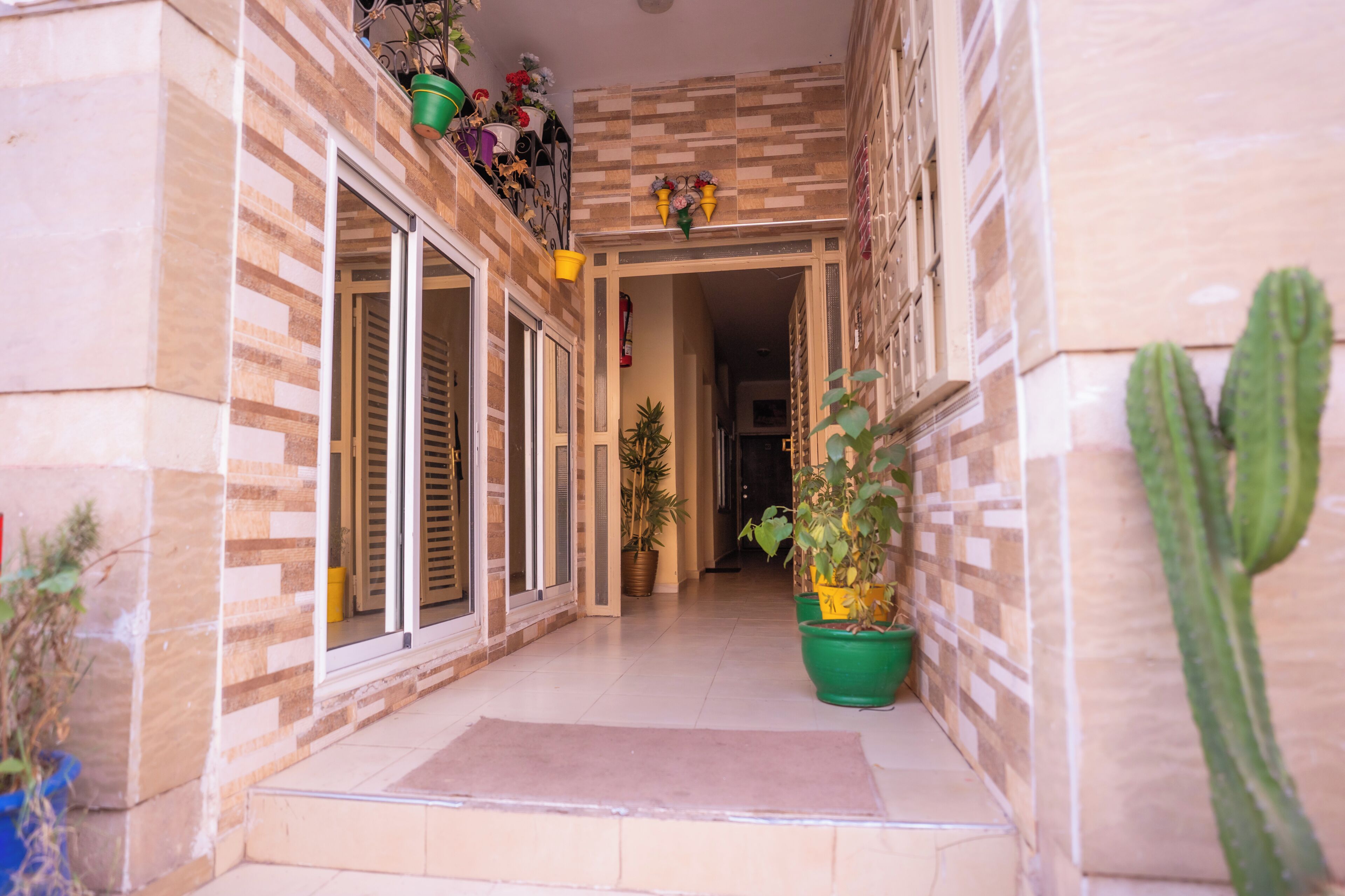 Un pasillo con piso de baldosas, una puerta con ventana y plantas en macetas.