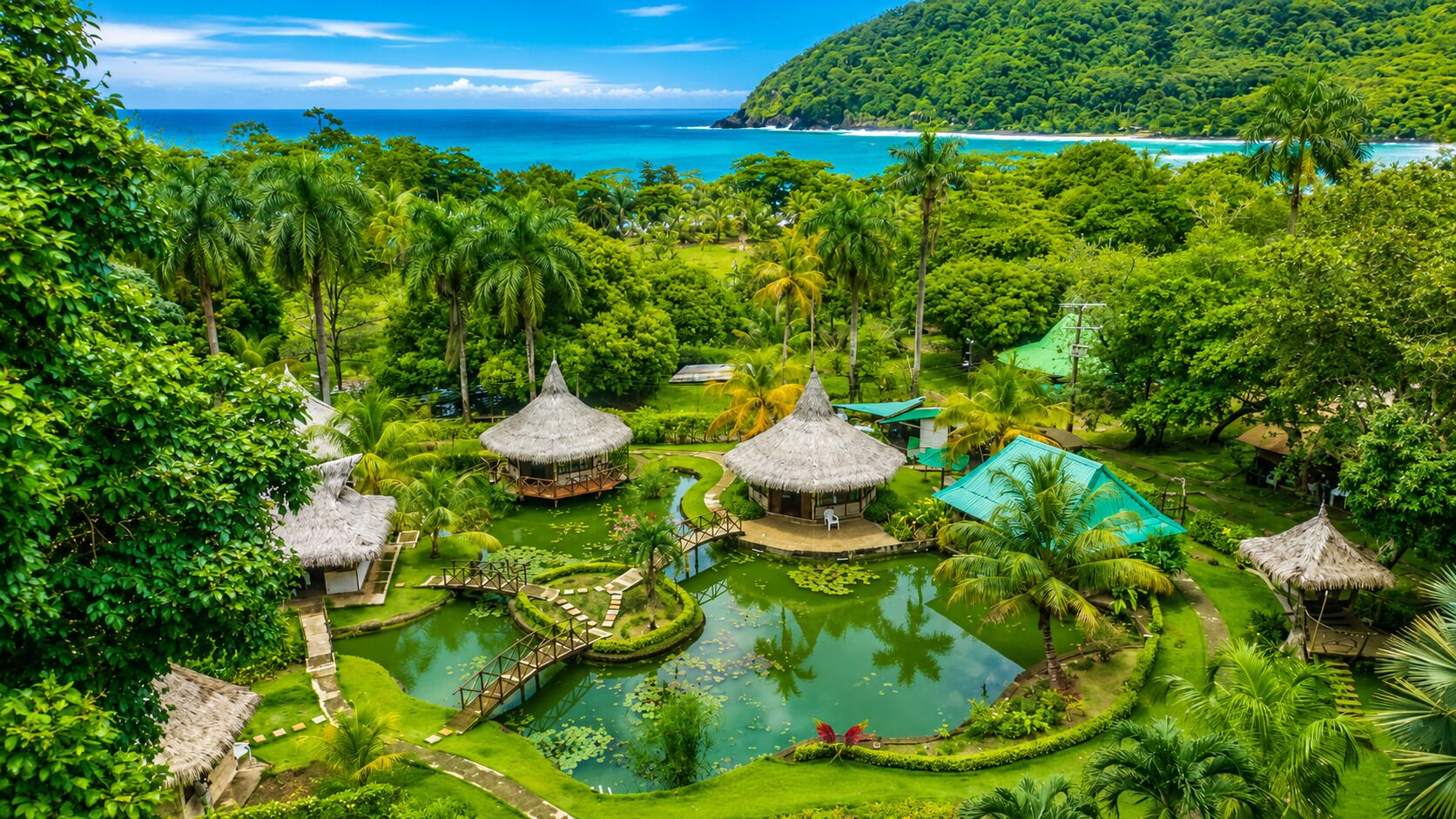 Un complexe hôtelier tropical doté de bungalows aux toits de chaume, d’un étang central et d’une végétation luxuriante.