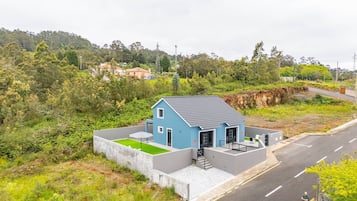 A single-story house with a grey roof, a blue exterior, and a small porch area.