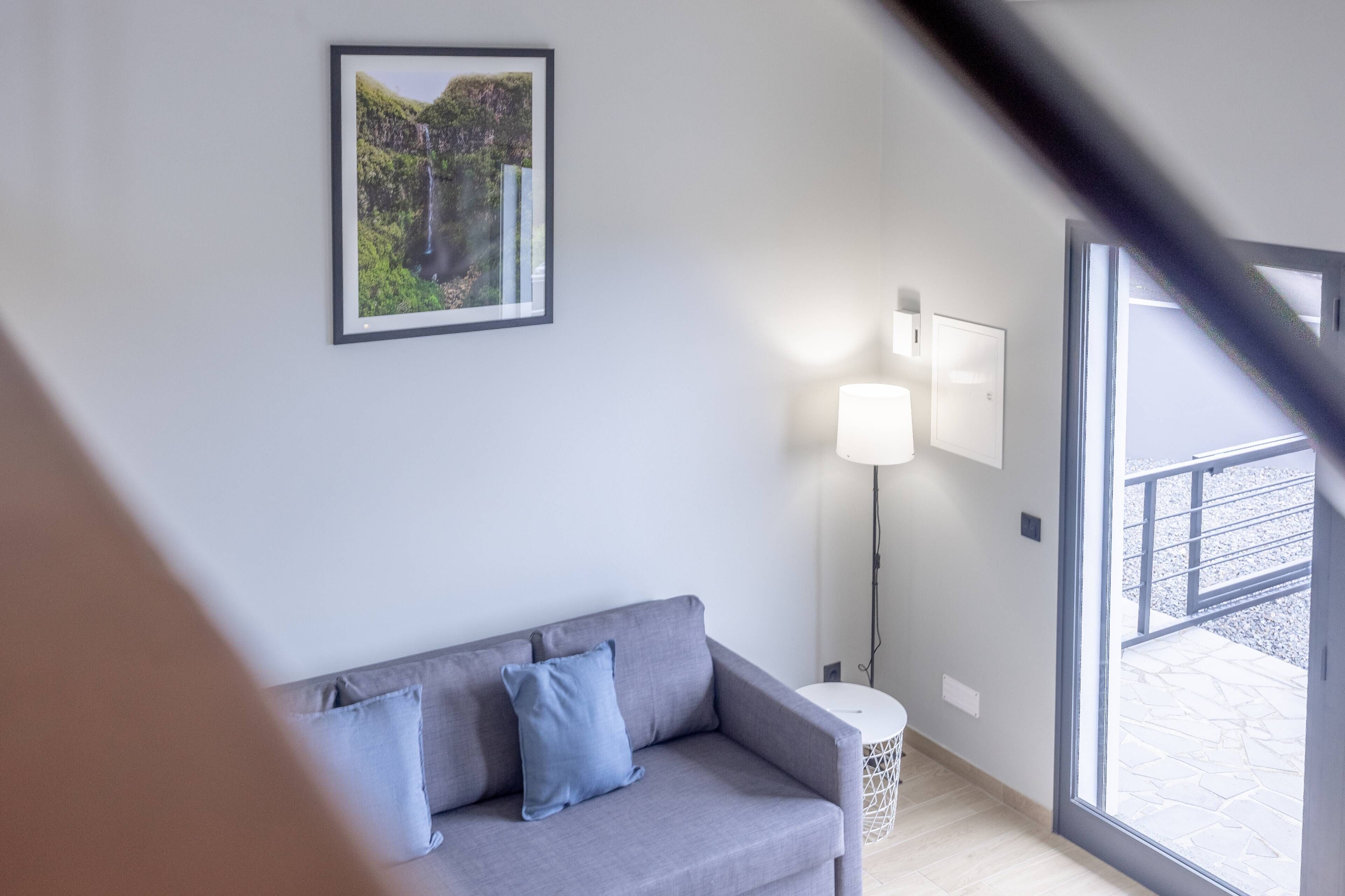 Een moderne woonkamer met een grijze bank, een ingelijst kunstwerk aan de muur, een vloerlamp en uitzicht op de omgeving via een glazen deur.