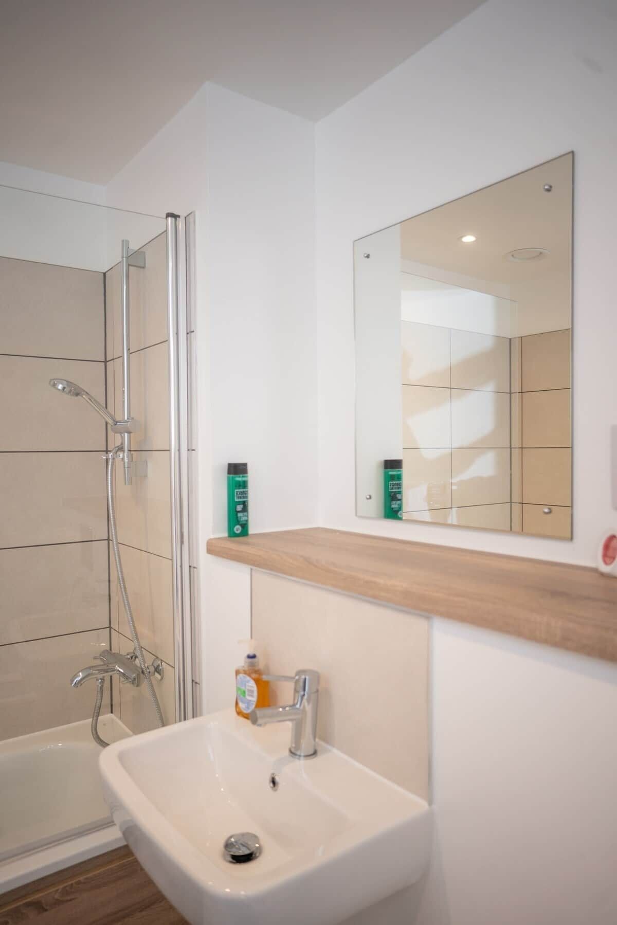 A modern bathroom with a shower, a sink, and a mirror.