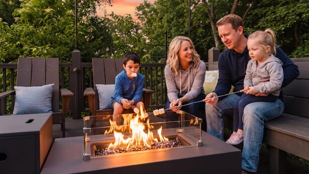 A family enjoying a backyard barbecue with a fire pit. - Starry Skies: Sauna, S'mores & Pickleball Retreat (Blue Ridge)