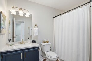 Une salle de bain avec un lavabo blanc, un meuble-vasque et des toilettes. On y trouve un rideau de douche, un porte-serviettes et un miroir avec éclairage.