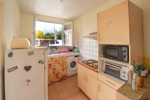 A compact kitchen with a washing machine, a microwave, and a small oven. - Le Lamentin - Patio - TV (Le Lamentin)