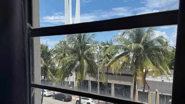 A window view of a street with palm trees, a building, and a bridge in the background. - Spacious Studio Apartment Best Location (Miami Beach)