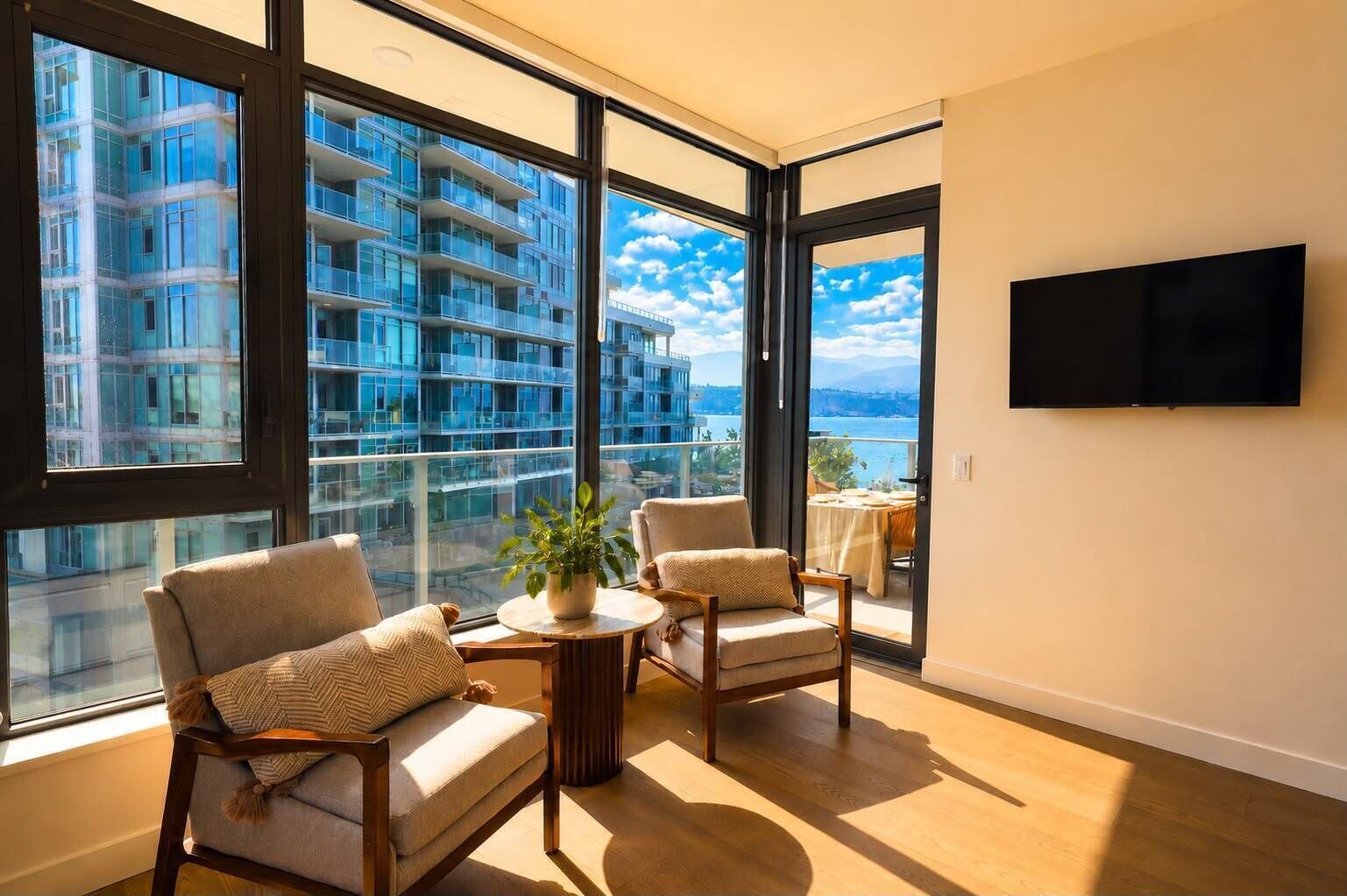 A modern living room with large windows, a flat-screen TV, and a balcony with a view of a high-rise building and the sea.