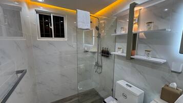 Douche, sèche-cheveux, serviettes fournies, savon