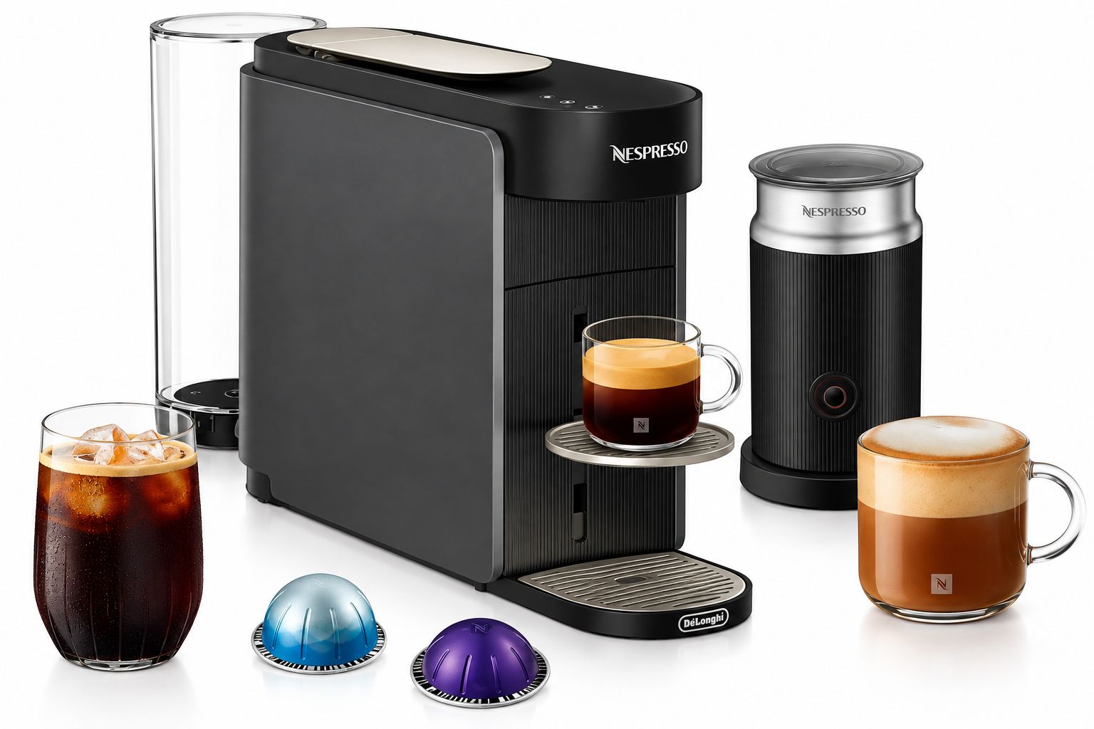 A Nespresso coffee machine with two coffee cups, a thermos, and two coffee pods.