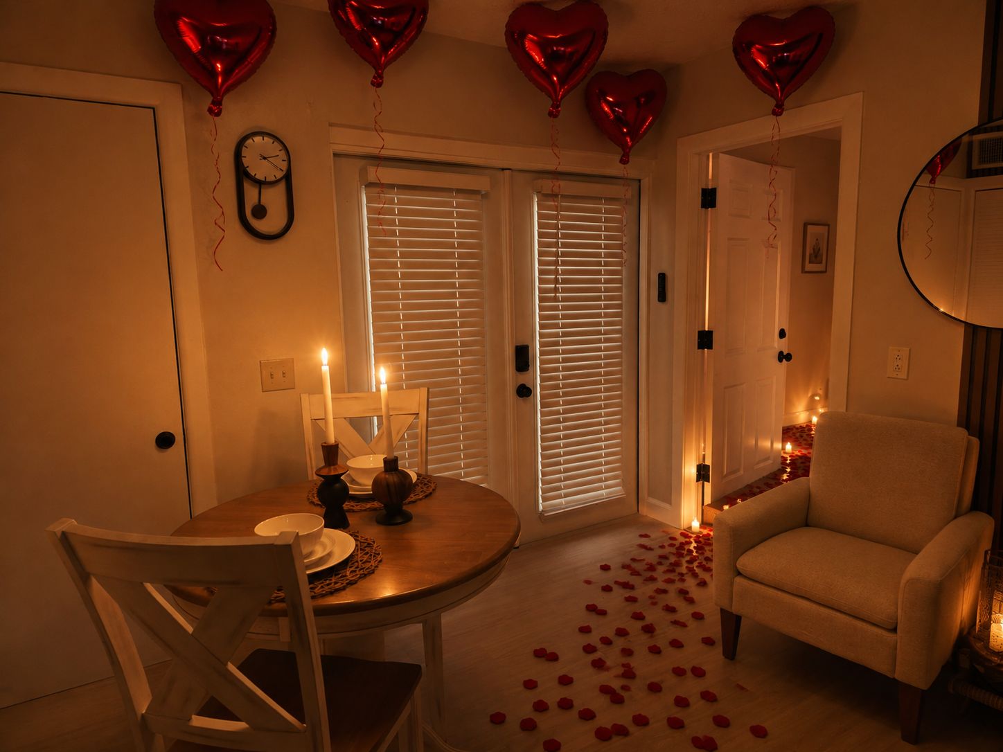 A warmly lit dining area with a round table, chairs, candles, and heart-shaped balloons.