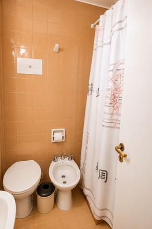 A bathroom with a toilet, bidet, and sink. There is a towel rack and a shower curtain with a floral pattern. - HOTEL LAERTE (Mendoza)
