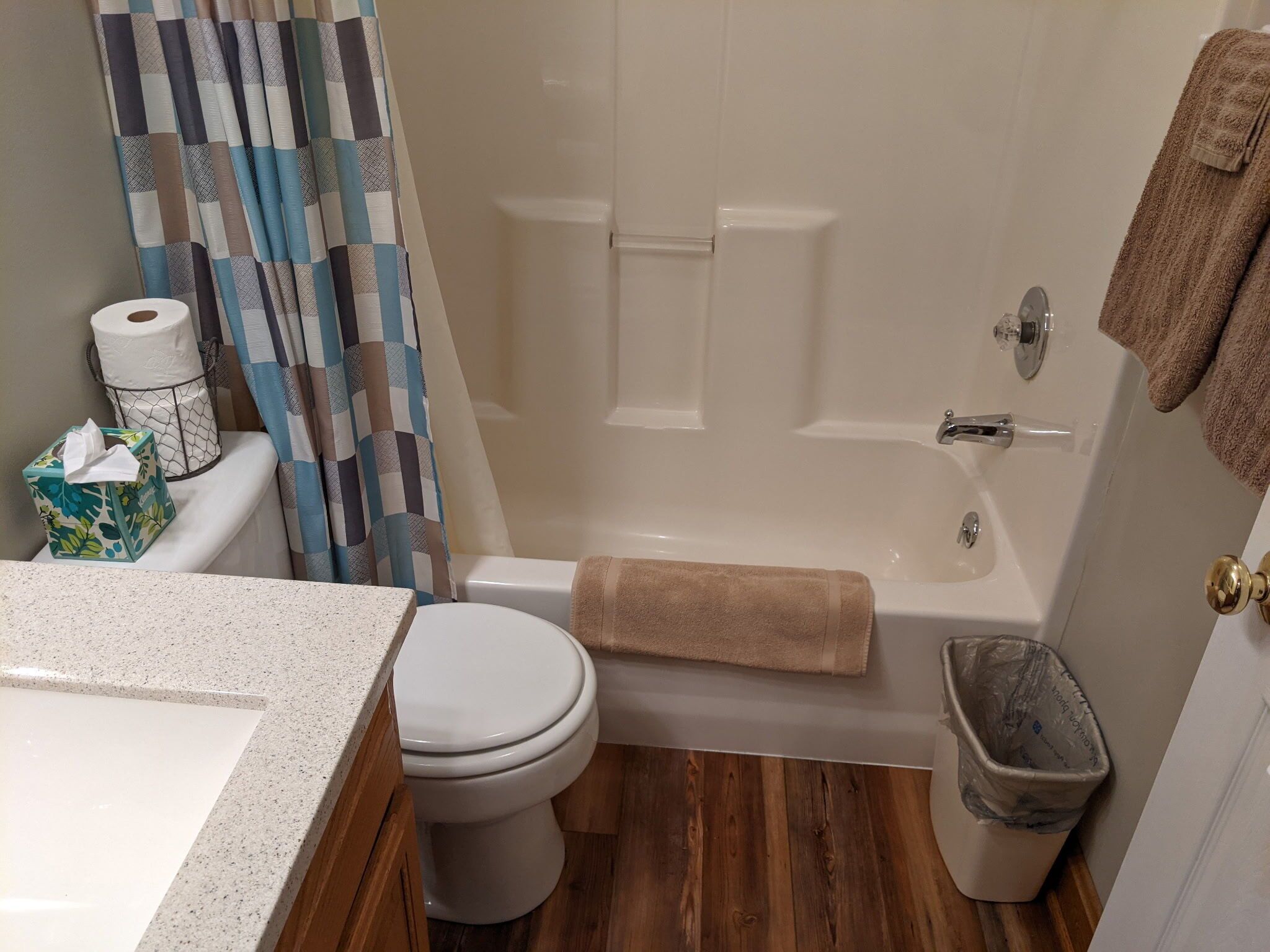 Hair dryer, towels, soap, shampoo